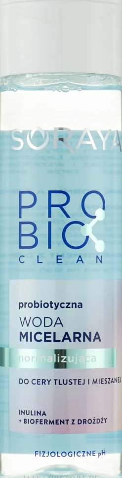 Normalisierendes probiotisches Mizellenwasser zur Reinigung und Make-up-Entfernung für gemischte und fettige Haut